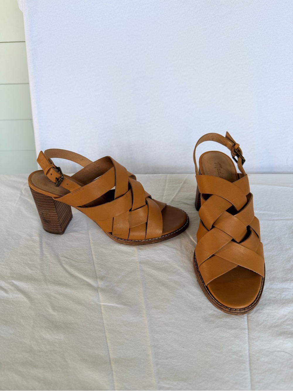 Madewell Cognac Leather Woven Block Heel Sandals Fisherman Euro Summer